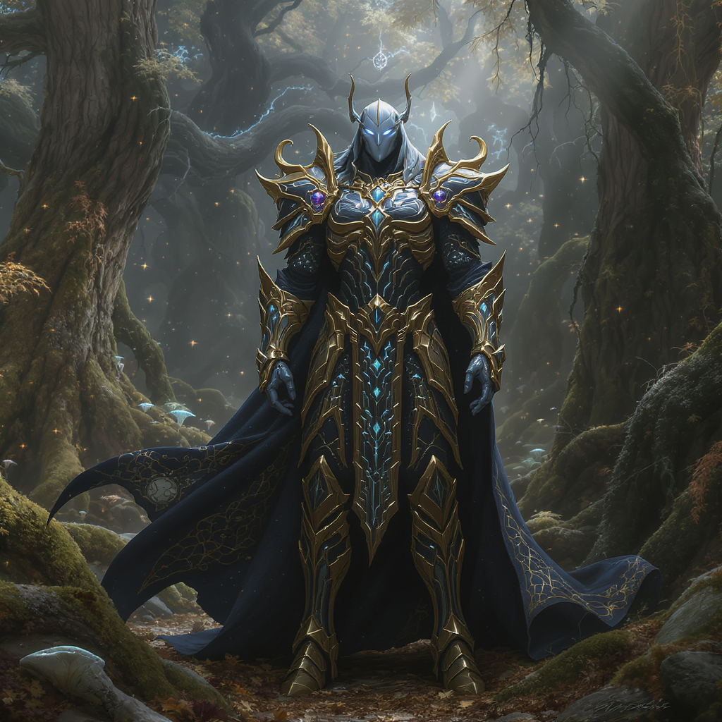 a fantasy character in ornate armor standing in a mystical forest